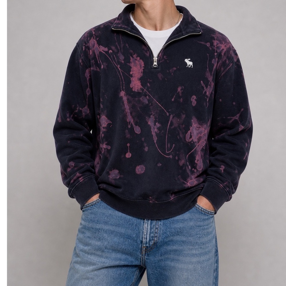 Abercrombie & Fitch Mens Small Custom Bleach Dye Quarter Zip Fleece Sweatshirt